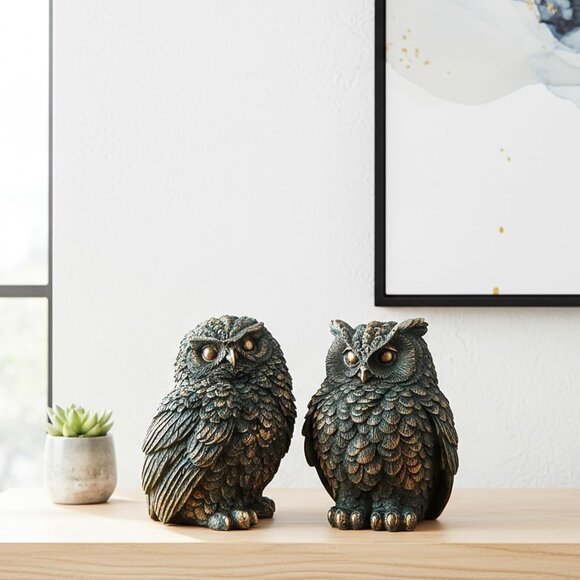 2 Pack Small Vintage Style Owl Statues for Home, Modern Style Figurine Bedroom - Picture 4 of 8